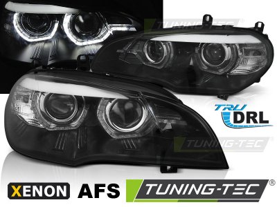 Передние фары 3D ангельские глазки чёрные от Tuning-Tec для BMW X5 E70 под ксенон с AFS