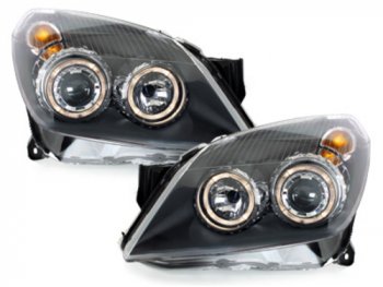 Передние фары с ангельскими глазками Black на Opel Astra H