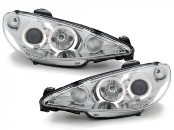 Передние фары с ангельскими глазками Chrome на Peugeot 206 рестайл