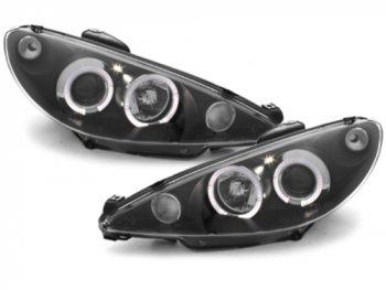 Передняя альтернативная оптика Angel Eyes Black на Peugeot 206