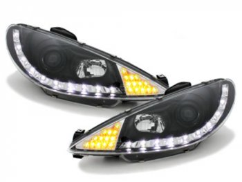 Передние фары с DRL огнями LED Dayline Black на Peugeot 206